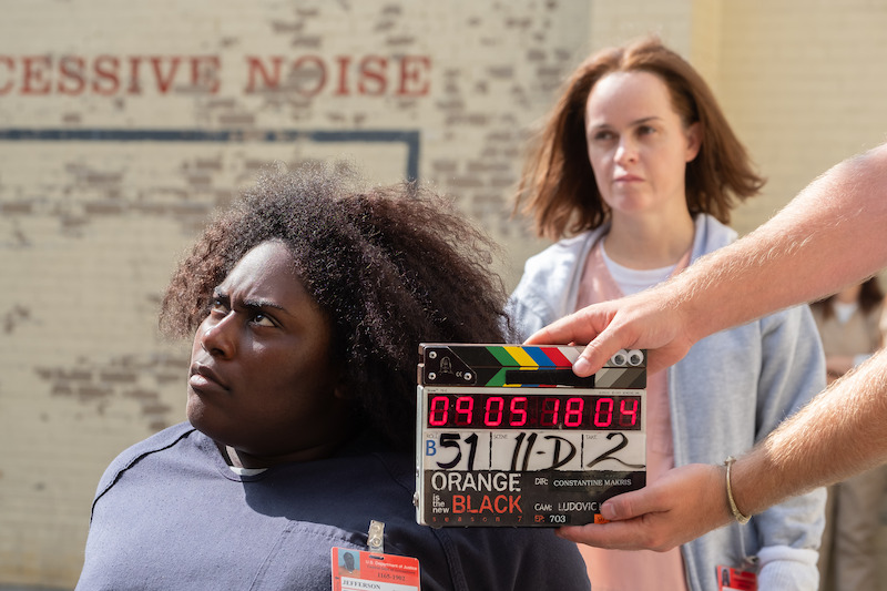 (L to R) Danielle Brooks as Tasha "Taystee", Taryn Manning as Tiffany "Pennsatucky" on the set of Orange Is The New Black Season 7.