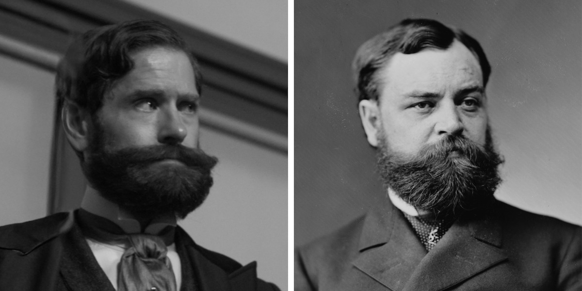 Two men with thick beards and mustaches in black-and-white portraits, both wearing formal clothing, set against simple indoor backgrounds, evoking a serious and historic mood.
