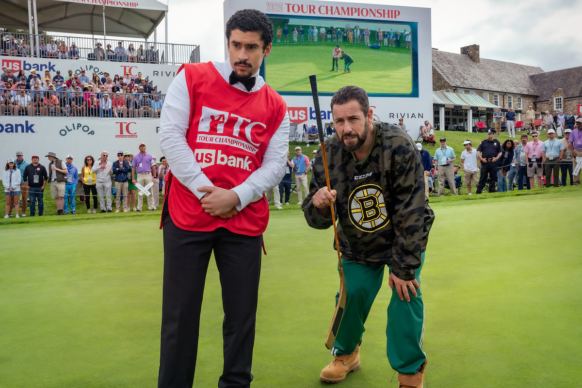 Benito Antonio Martínez Ocasio as Oscar Mejias and Adam Sandler as Happy Gilmore in ‘Happy Gilmore 2’