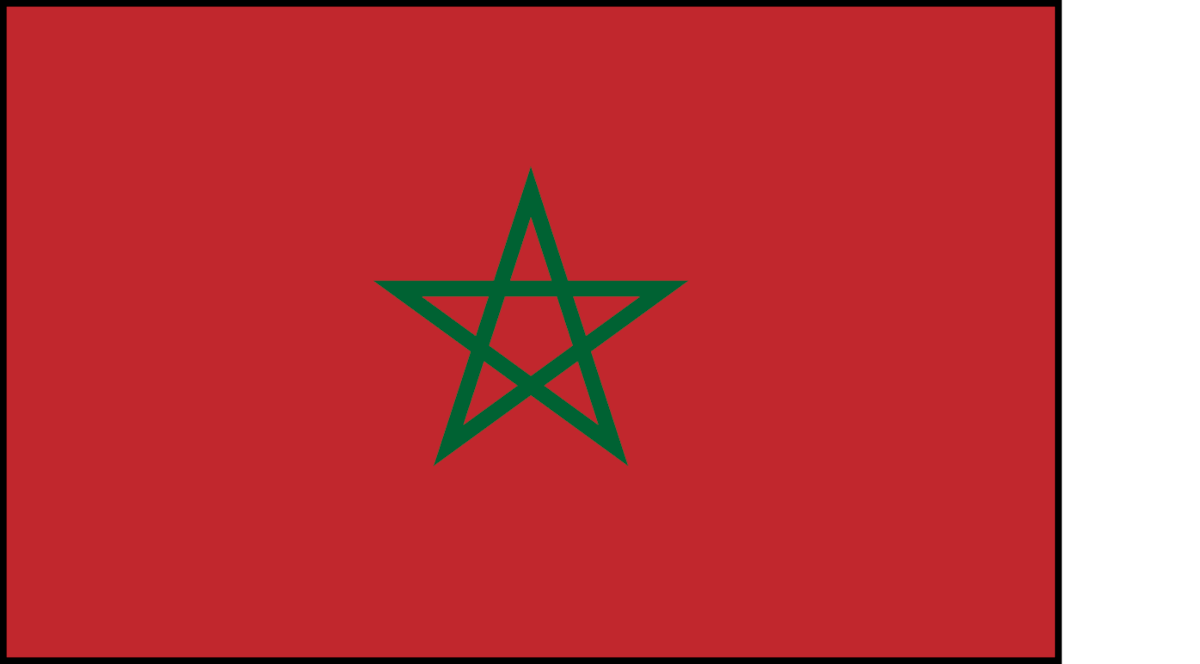 Flag of Morocco featuring a red background with a green five-pointed star outline (pentagram) at the center. Simple, bold design with no other symbols or details.