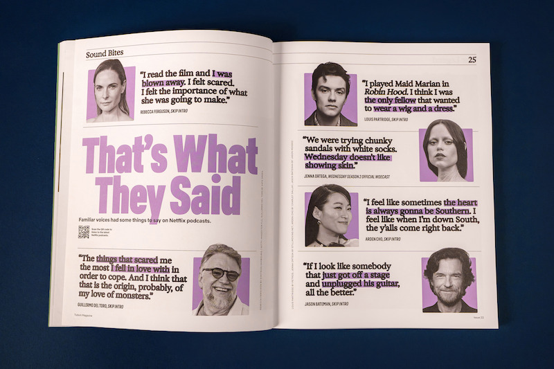 Spread from Tudum Magazine - quotes from Netflix podcasts
