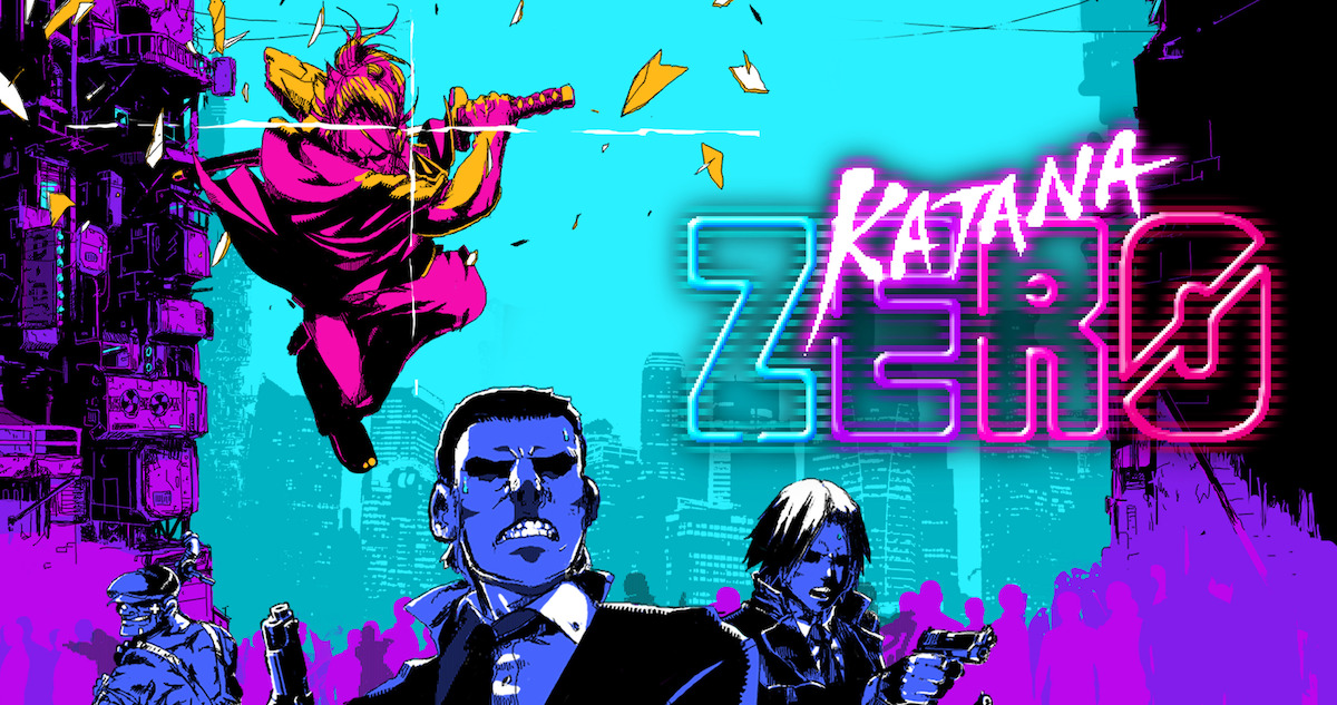 key art for Katana Zero - Several cartoon characters in front of a futuristic city backdrop.