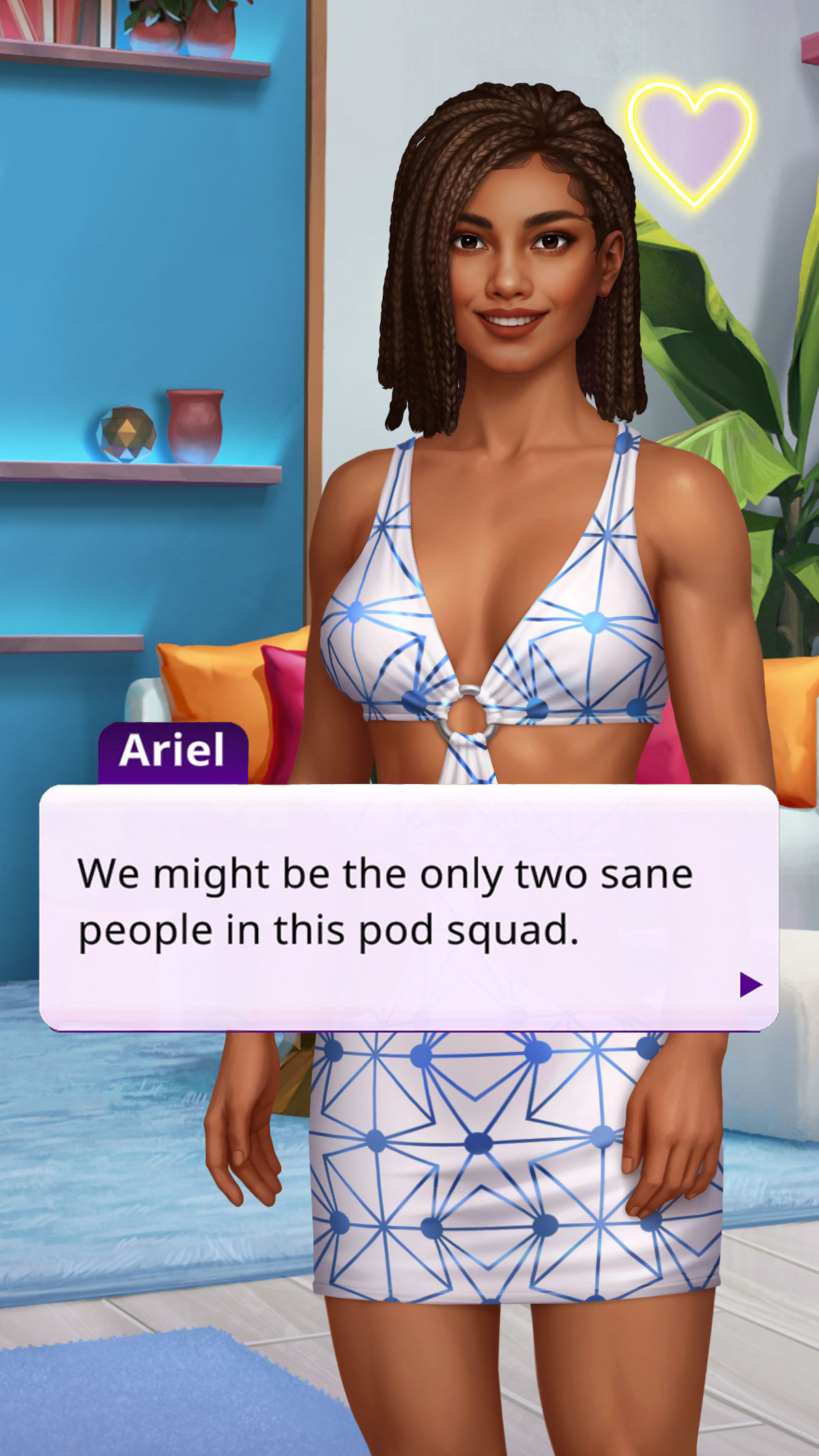 An in-game screenshot from the mobile game ‘Netflix Stories: Love Is Blind’, featuring a female game character called Ariel. There is a text bubble that reads “We might be the only two sane people in this pod squad”.