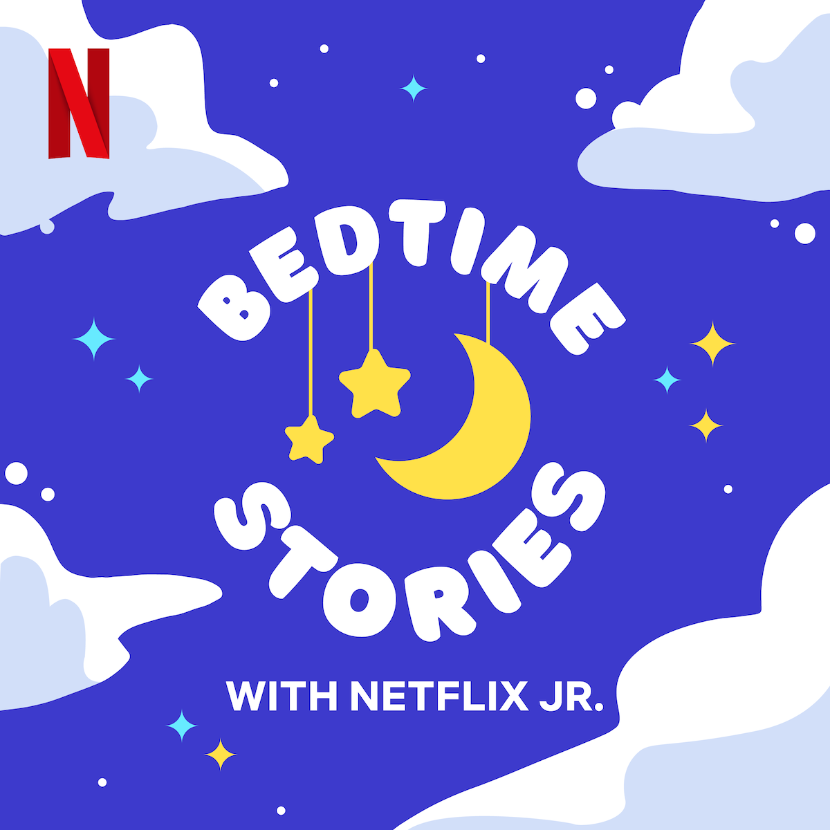Key art for the Bedtime Stories podcast. An illustration with the words Bedtime Stories, surrounding a half moon and hanging stars.