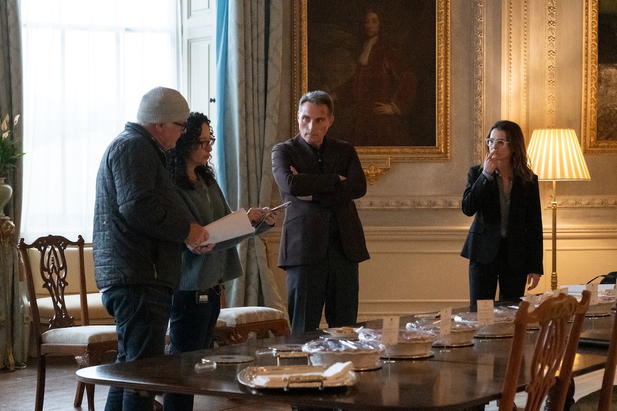 Director/executive producer Alex Graves, showrunner/executive producer Debora Cahn, Rufus Sewell as Hal Wyler, Keri Russell as Kate Wyler in Season 2 of ‘The Diplomat’