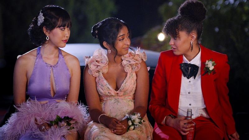 Ramona Young as Eleanor Wong, Maitreyi Ramakrishnan as Devi and Lee Rodriguez as Fabiola Torres in Season 4 of Never Have I Ever.