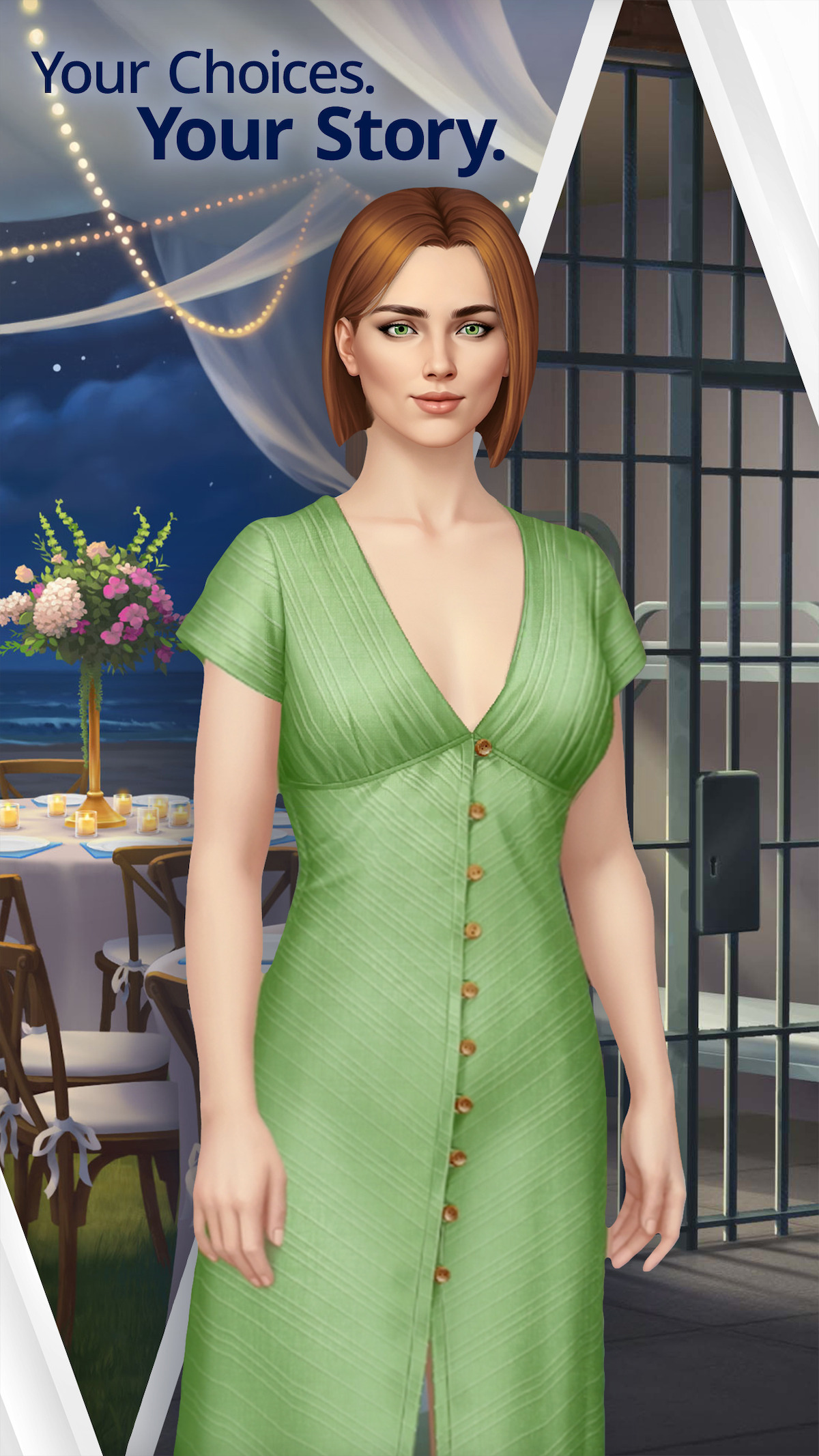 An in-game screenshot from the mobile game ‘Netflix Stories: The Perfect Couple’, featuring a woman in a green dress. The headline above her reads: “Your Choices. Your Story”.