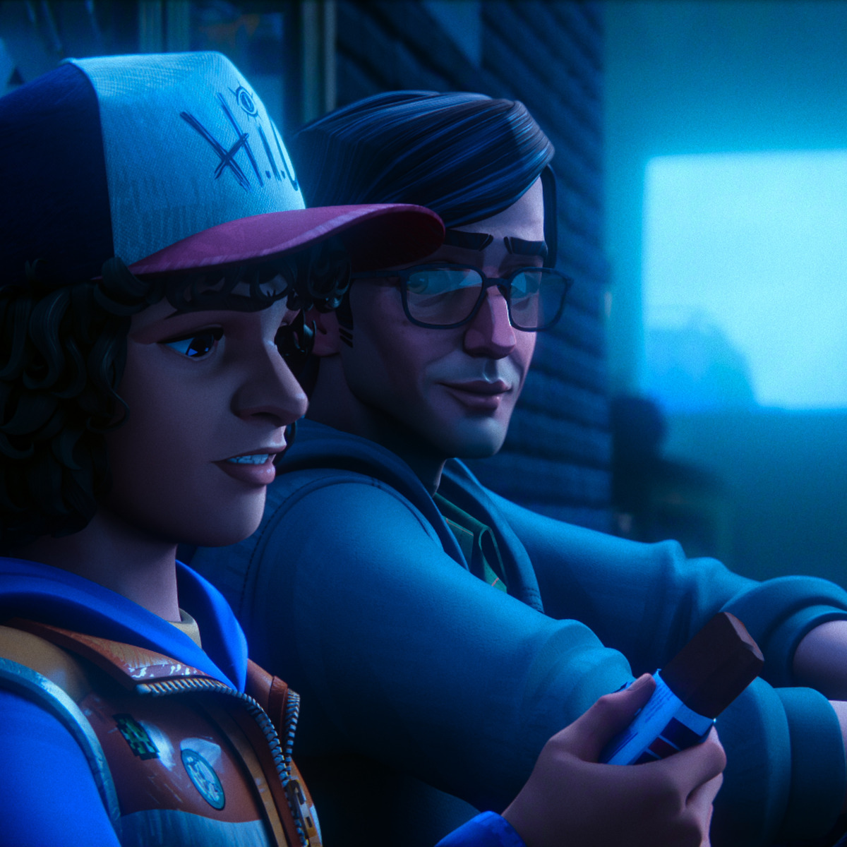 Two animated characters sitting together outside at dusk, one is a child in a cap and vest holding an object, the other is an adult with glasses; both appear relaxed and engaged in conversation with a soft blue light around them.