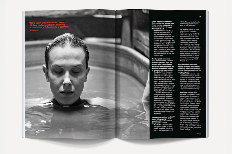 Black and white magazine spread featuring a person with short hair submerged in water up to their neck in a tub, eyes closed, serene setting; right page has white text on black background, left has a red quote.