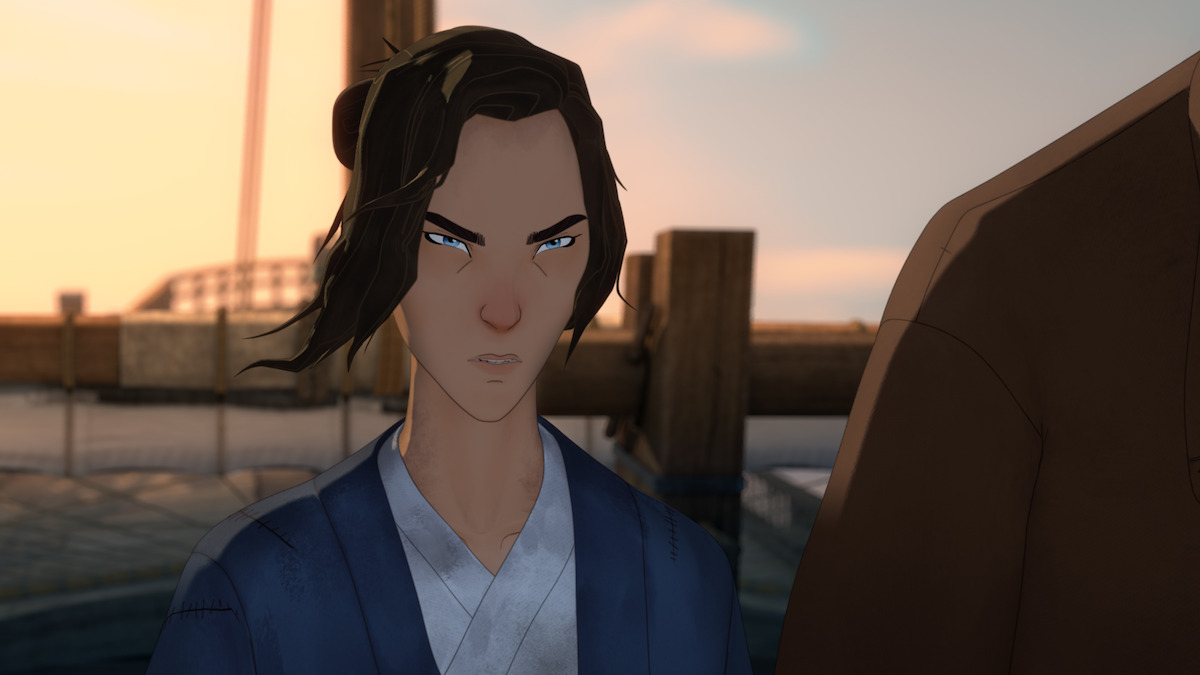 Animated character with dark hair and blue eyes in traditional clothing stands near a dock at sunset, looking serious; wooden ship and calm water in the background.