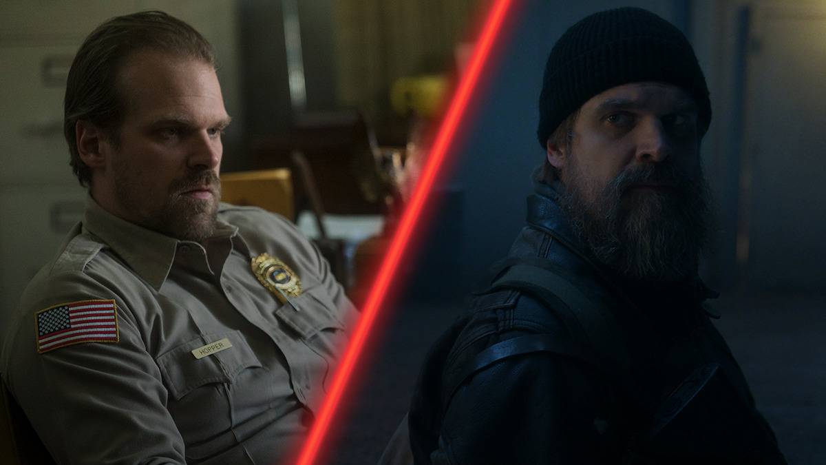 Diptych of David Harbour as Hopper in ‘Stranger Things’ Season 1 and Season 5.