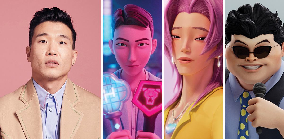Imagen con un disparo en la cabeza de Joel Kim Booster y imágenes animadas de The Variety Show Host 1, Idol Host y Romance Saja en 'Kpop Demon Hunters'