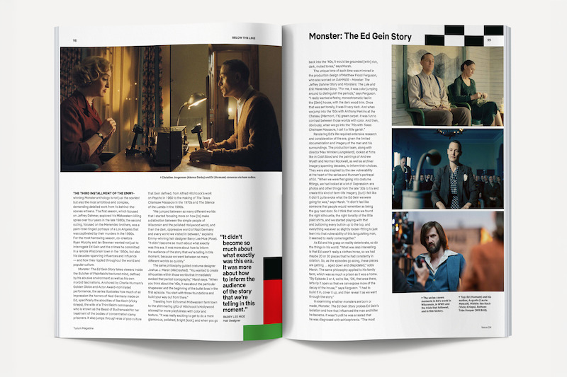 Magazine spread about "Monster: The Ed Gein Story" featuring interview scenes, film stills of actors in dramatic settings, and blocks of text discussing the story, displayed on a clean, modern layout.