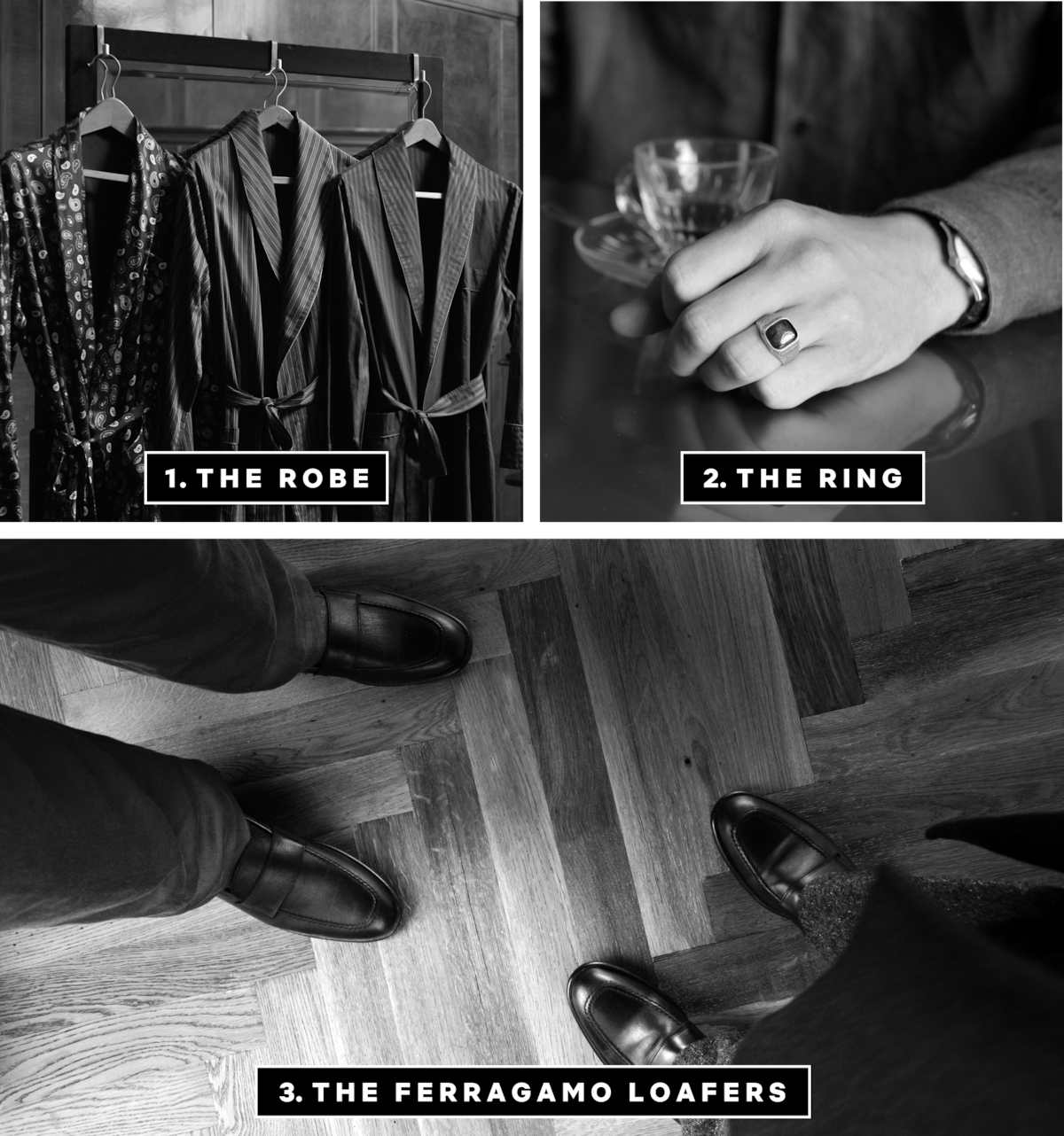 Three silk robes, Dickie Greenleaf’s ring, Ferragamo loafers