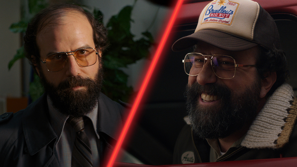 Diptych of Brett Gelmen as Murray Bauman in ‘Stranger Things’ Season 1 and Season 5.