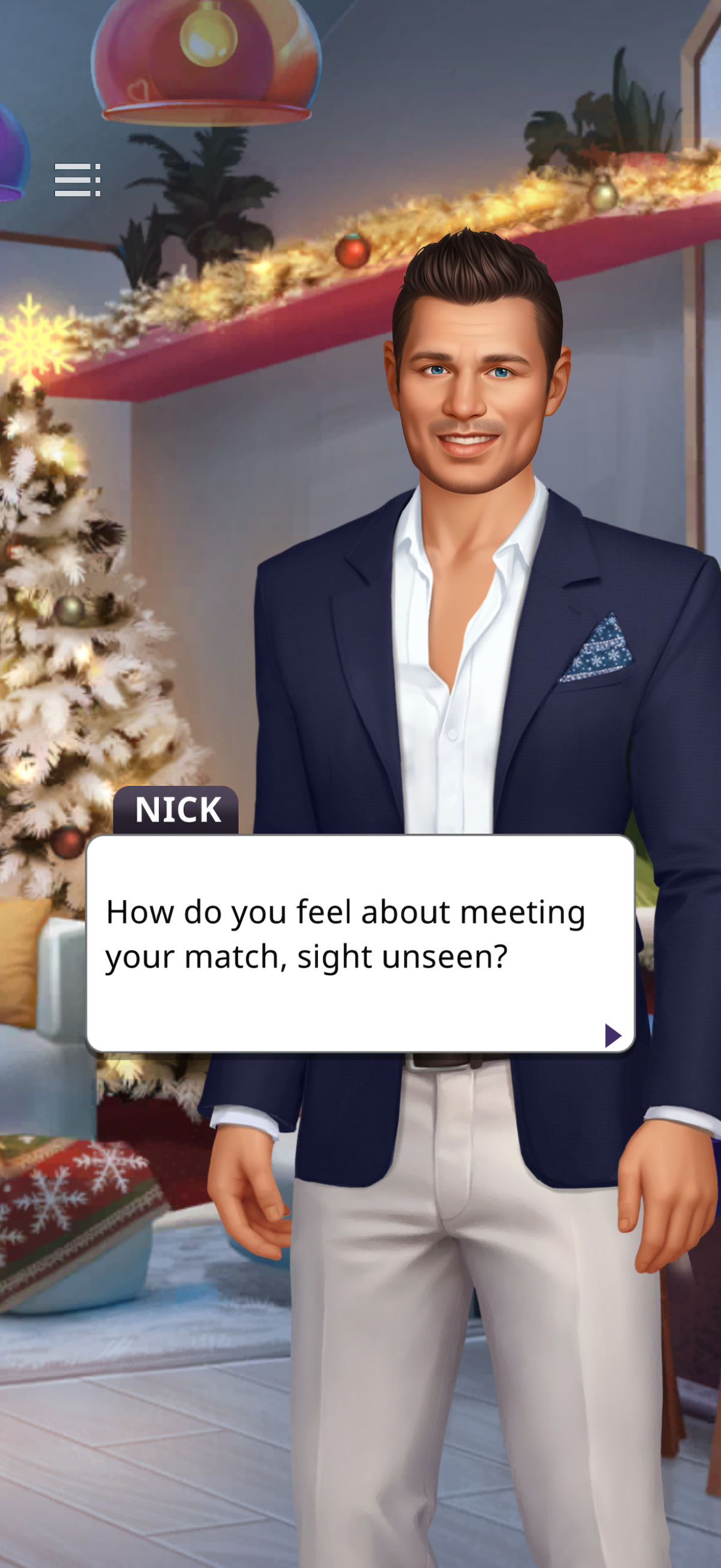 An in-game screenshot for the mobile game ‘Netflix Stories: Love Is Blind, Winter Kiss,’ featuring a female game character called Nick