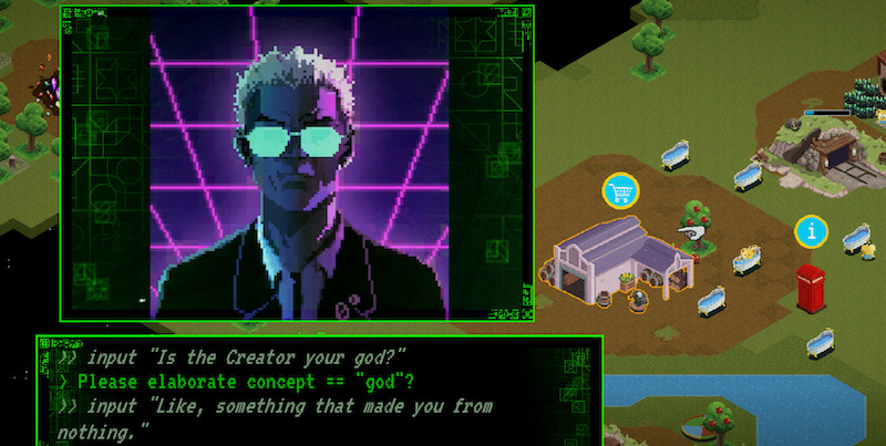 Pixel art scene with a neon-lit Colin Ritman in sunglasses on a terminal screen, asking philosophical questions about God. The background shows a game area with small characters and interactive icons.