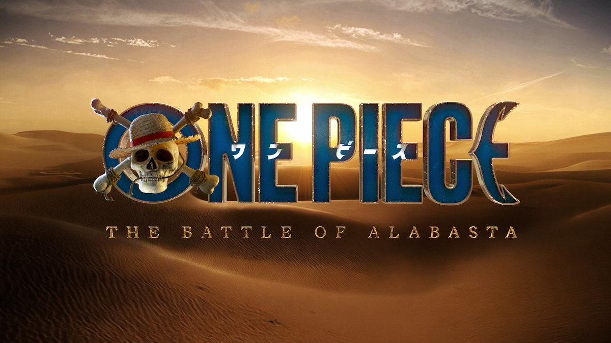 One Piece logo with straw hat skull over desert dunes at sunset, text "The Battle of Alabasta" indicating an adventure or battle setting in a vast sandy environment.
