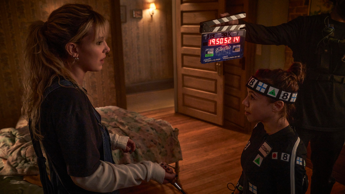 Millie Bobby Brown as Michelle and motion capture actor Devyn Dalton as Cosmo on the set of ‘The Electric State’