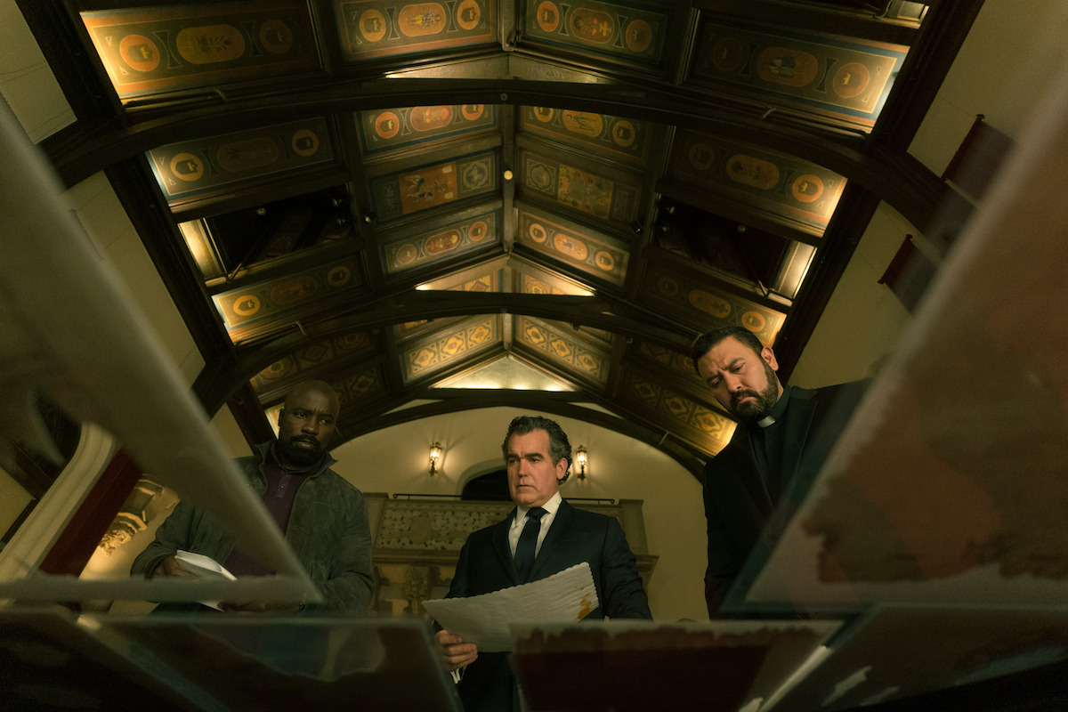 Mike Colter as David Acosta, Brian d'Arcy James as Victor LeConte, and Raul Torres as Father Diego in ‘Evil’ Season 3, Episode 9