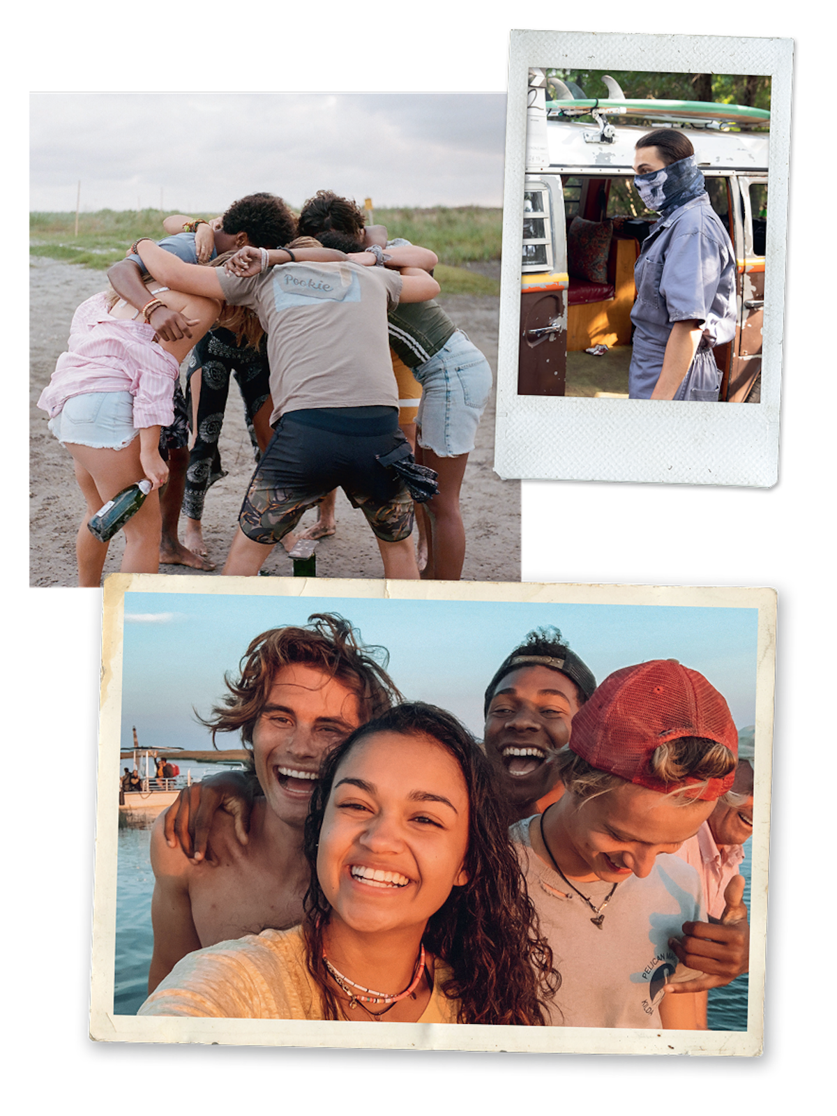 Group of young friends smiling and hugging on a beach, another photo shows them in a group embrace outdoors, and a separate image features a person standing beside a van, all in a fun, relaxed summer setting.