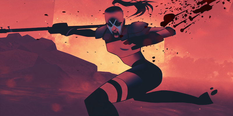 A fierce animated warrior with face paint and a spear charges forward mid-attack, splattered with blood, against a dramatic red-orange sky and rocky landscape.