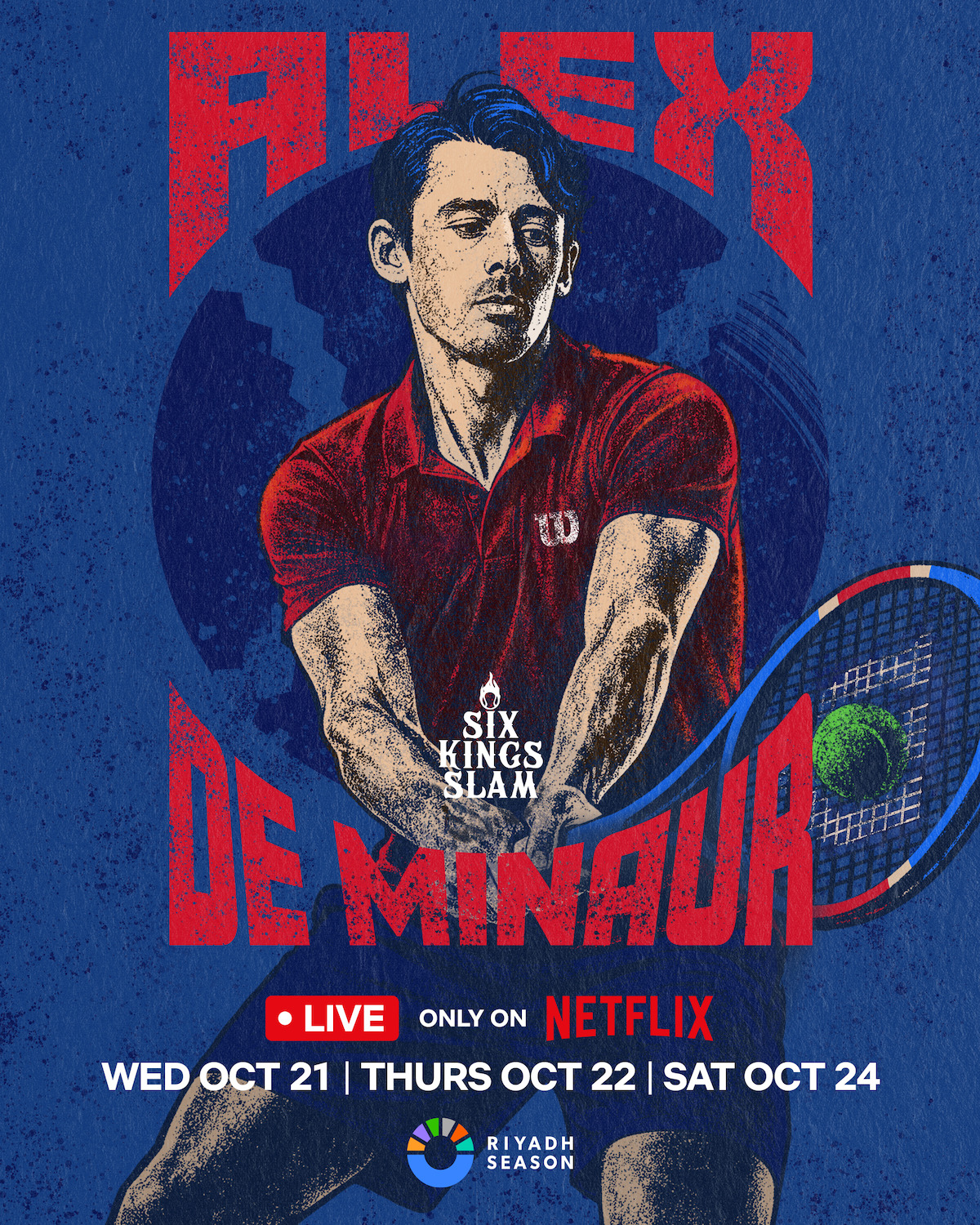 Illustration of a male tennis player in a red shirt holding a racquet with two tennis balls, set against a blue artistic background with bold red text "ALEX" above his head.