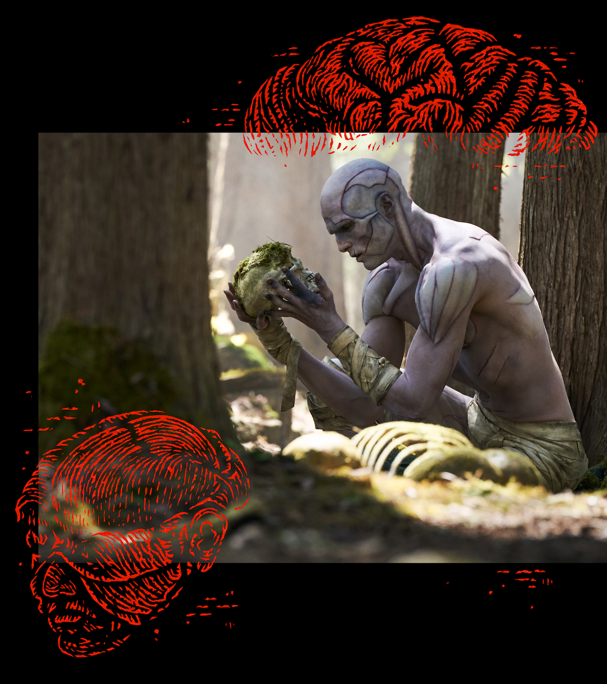 A pale, humanoid figure with sculpted muscles kneels in a forest, contemplating a skull-like object. The scene is eerie and somber, with artistic red brain and skull sketches framing the mysterious, otherworldly mood.