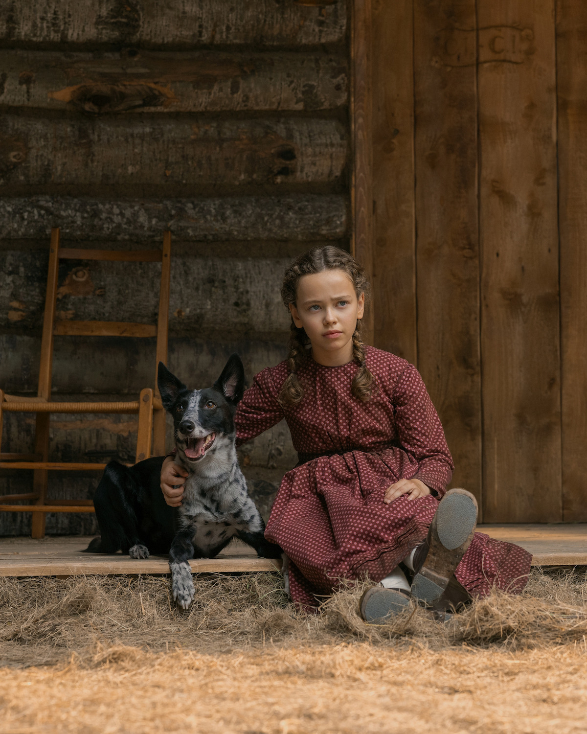 A dog sits next to a young girl on a porch.