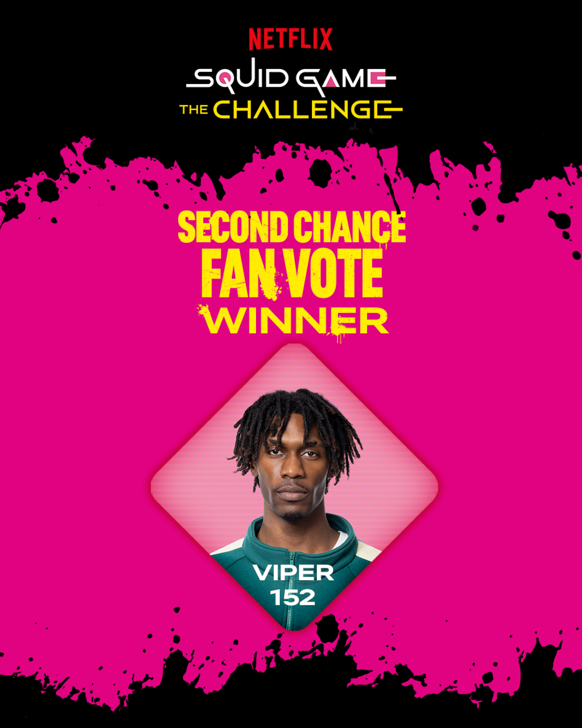 A man with dreadlocks in a green and white tracksuit stands in front of a pink backdrop with splatter effects. The image announces him as the Second Chance Fan Vote Winner from Netflix’s Squid Game: The Challenge. Mood is celebratory.