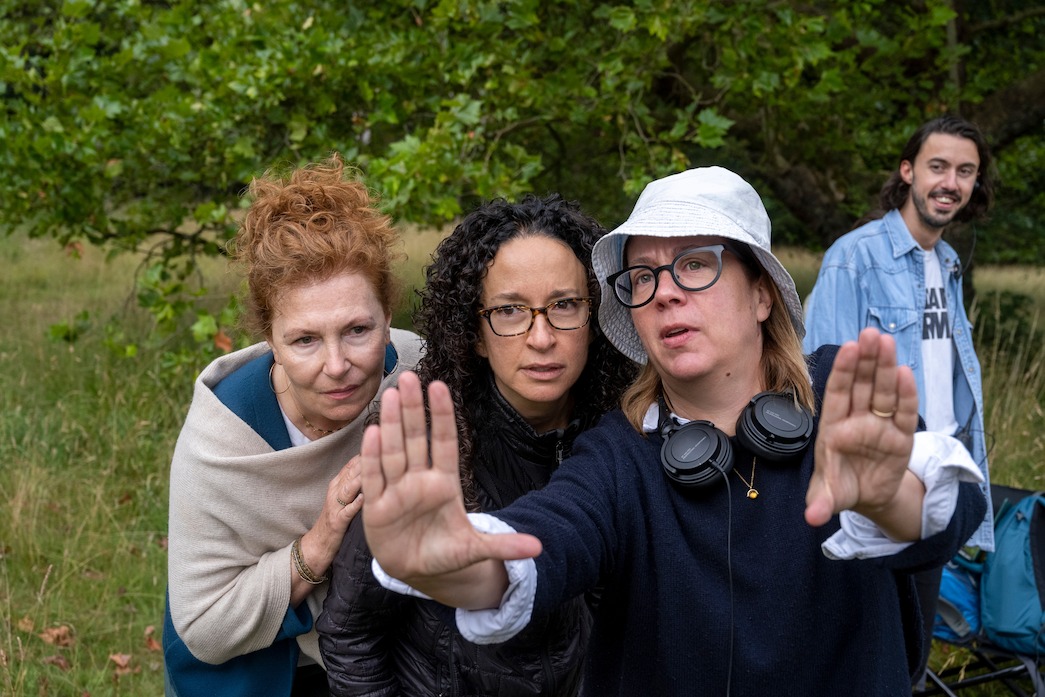Executive Producer Janice Williams, Showrunner/Executive Producer Debora Cahn and Director Liza Johnson on set of The Diplomat Season 1.
