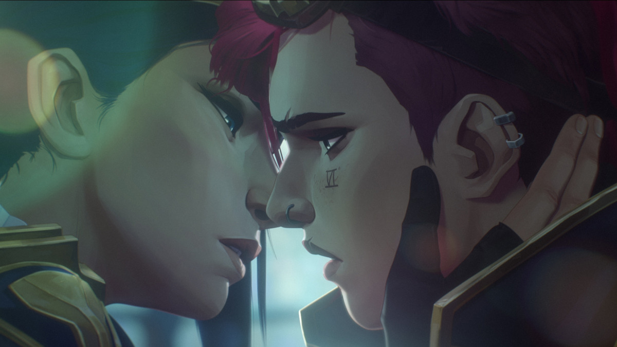 Two animated characters in a close, intimate moment, faces nearly touching, with serious expressions. One character has short red hair and a facial marking, and they are set in a softly lit indoor environment.