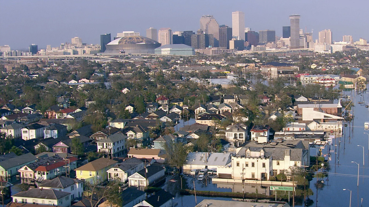 An aerial view of a flooded New Orleans.