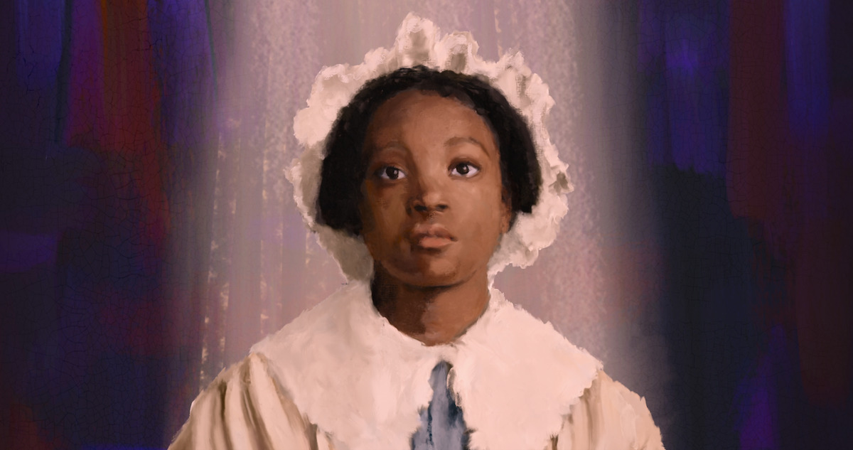 Illustration of young African American girl wearing a bonnet. 