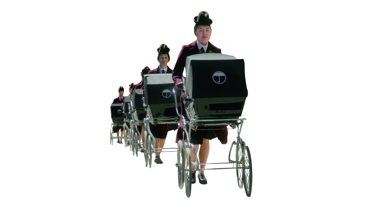 Nannies in uniform push several matching strollers with Umbrella Academy logos.