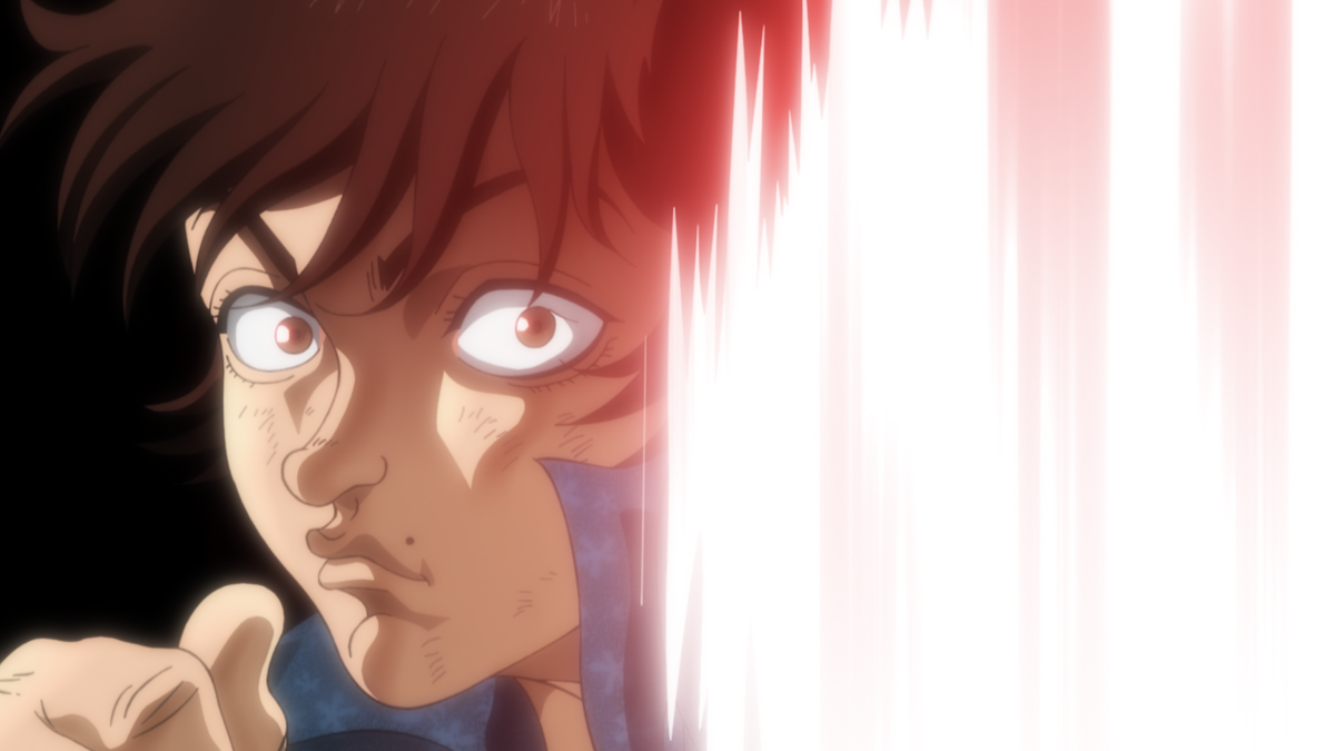 Anime-style character with intense expression and tousled hair, standing against a dark background, illuminated dramatically by a bright vertical beam of light on the right side of the image.