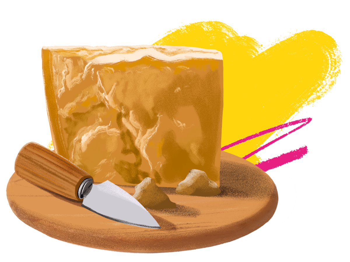 Illustration of a large wedge of cheese on a wooden board beside a cheese knife and small cheese crumbles, with bright yellow and pink abstract brushstrokes in the background.