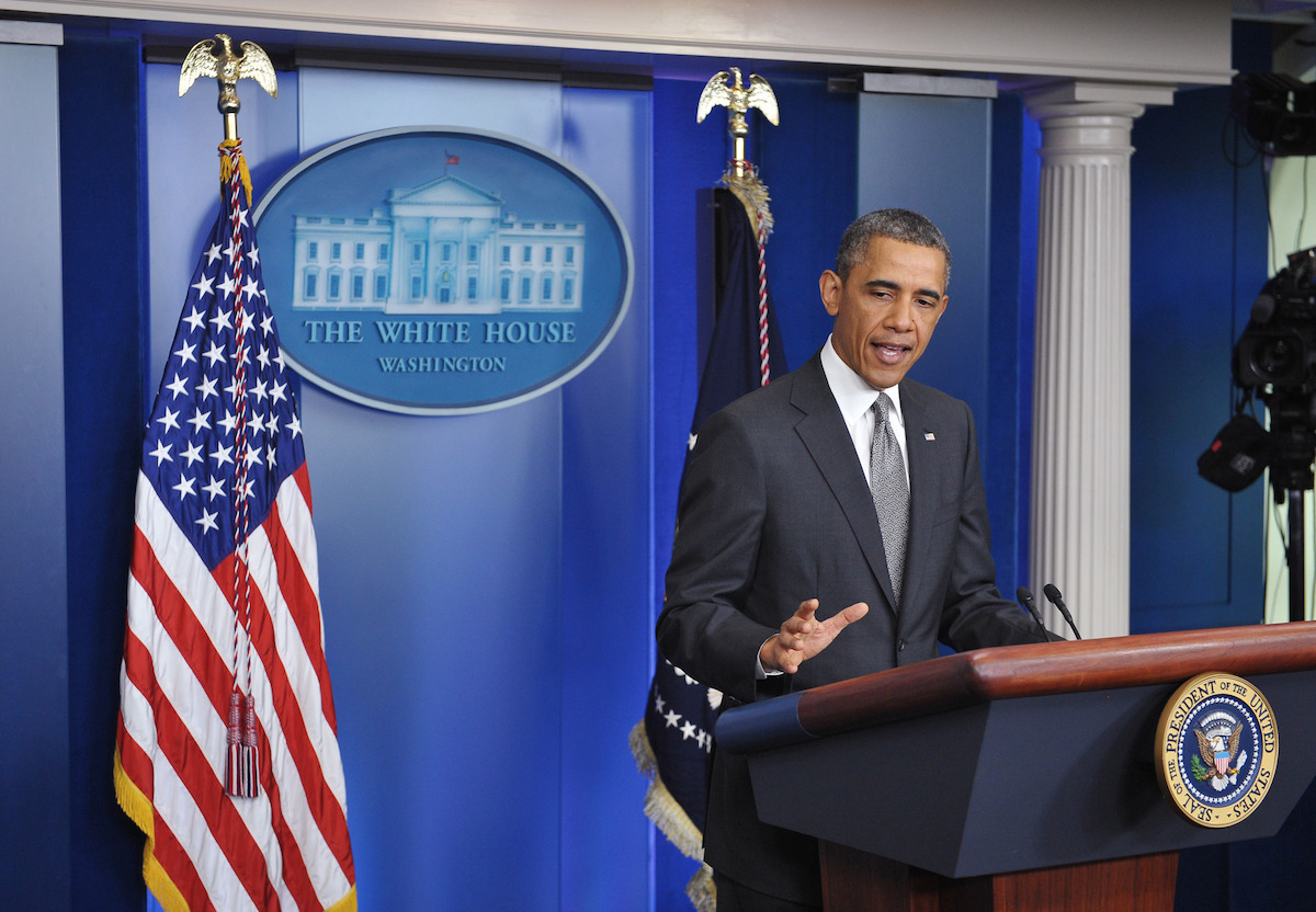 President Barack Obama speaking at a press conference.