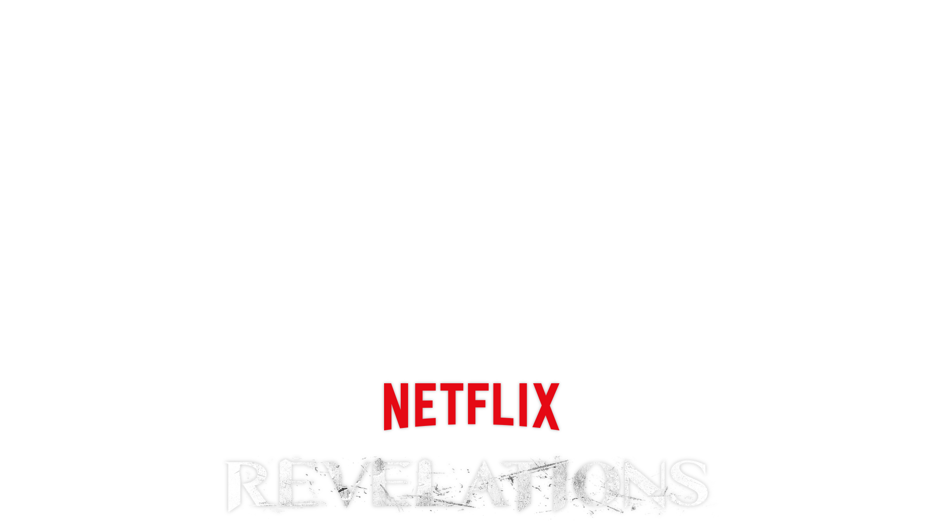 Revelations key art - Two detectives standing behind police line tape in a dark wooded forest area. 