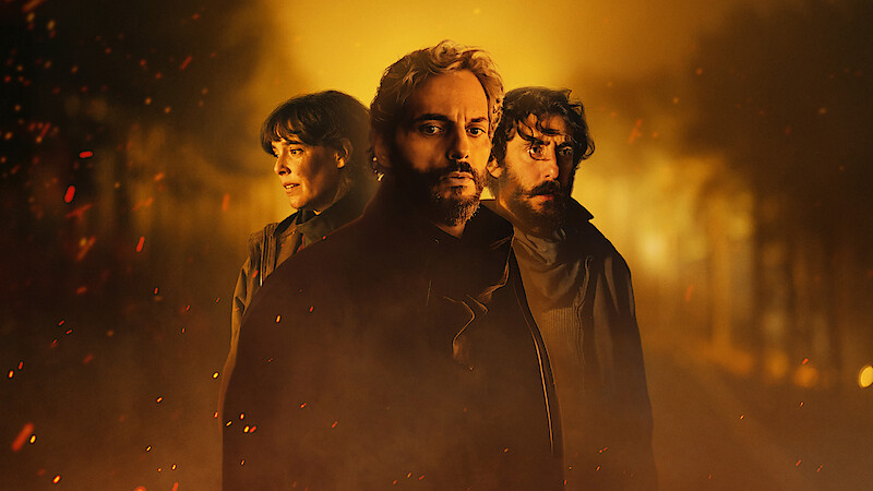 Belén Cuesta as Mara, Joaquín Furriel as Luis, and Enric Auquer as Santi in 'Firebreak.'