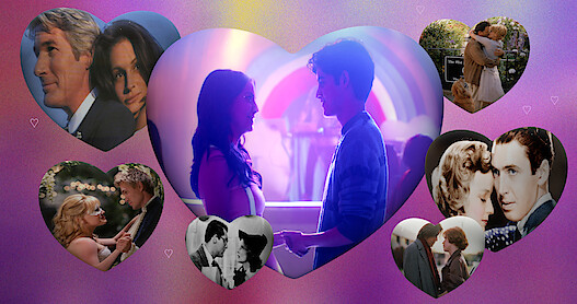 A collage featuring images of classic romantic movie couples alongside a picture of the couple from Anonymously Yours