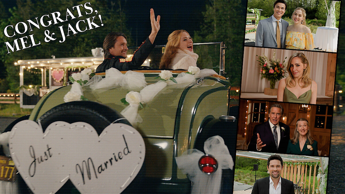 Mel (Alexandra Breckenridge) and Jack (Martin Henderson) driving away after their wedding reception. On the right, there's a film roll layout of different wedding guests including Denny, Lizzie, Brie, Doc, Hope, and Brady.