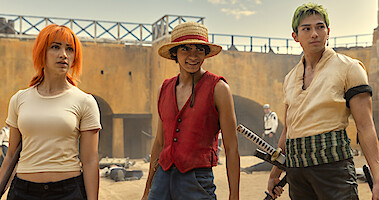 Emily Rudd as Nami, Iñaki Godoy as Monkey D. Luffy, and Mackenyu Arata as Roronoa Zoro.