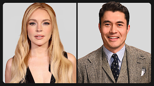 A split image showing a woman with long blonde hair in a black outfit on the left, and a man with dark hair in a brown suit and polka dot tie on the right, both against plain light backgrounds.