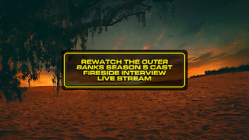 Text box over a sandy beach at sunset with tree branches overhead, promoting a rewatch and livestream interview with the Outer Banks season 5 cast.