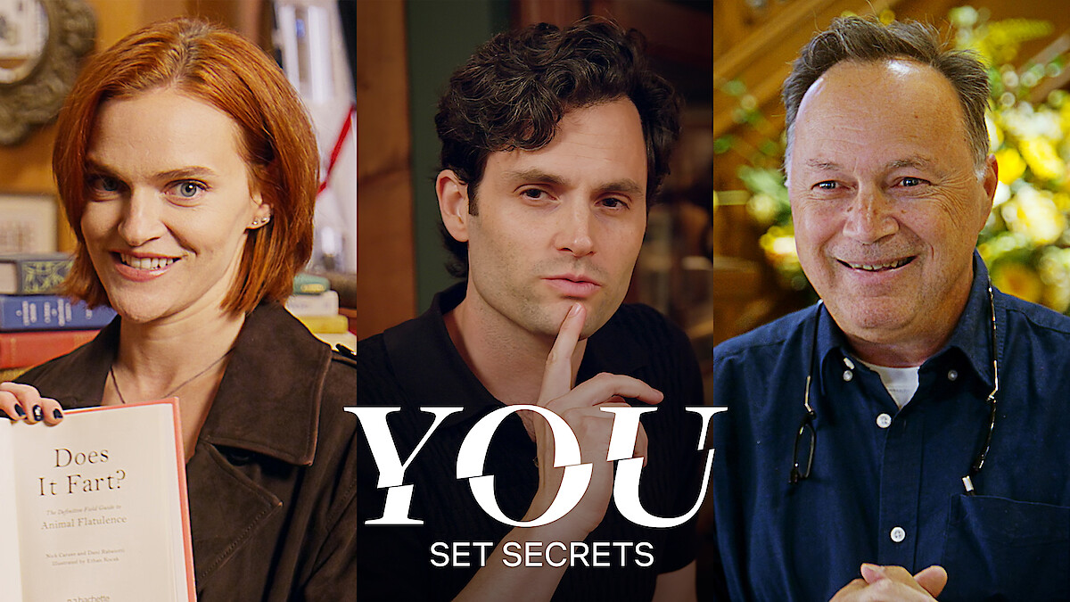 From left to right, a triptych of Madeline Brewer, Penn Badgley, and production designer Adam Scher on set of 'You'.