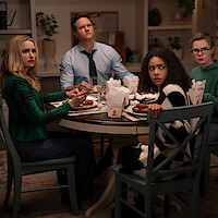 Brianne Howey as Georgia Miller, Scott Porter as Paul, Antonia Gentry as Ginny Miller, Diesel La Torraca as Austin Miller in 'Ginny & Georgia' Season 3