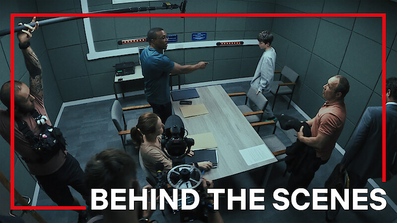 Faye Marsay as Detective Sargeant Frank, Ashley Walters as Detective Inspector Bascombe, Owen Cooper as Jamie Miller, Stephen Graham as Eddie Miller, Mark Stanley as Paulie Hunter, on the set of 'Adolescence'