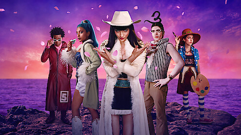 Baroque Works, five people in colorful, eccentric costumes pose confidently on rocky ground with a vibrant purple and pink sunset sky behind them, creating a dramatic and playful fantasy atmosphere.