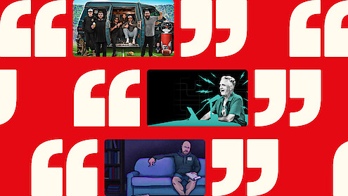 Three scenes: group near a van outdoors, man speaking energetically at a desk, person sitting on a couch with a book indoors; all set against a red background with large quotation marks.